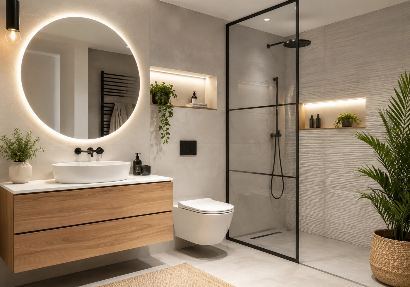 Baño moderno reformado con espejo redondo