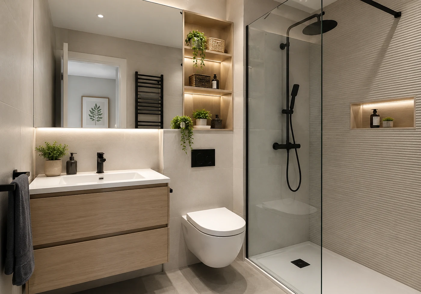 Baño pequeño optimizado con ducha y mueble suspendido