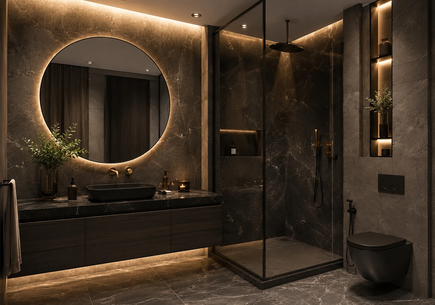Reforma integral premium de baño con acabados oscuros